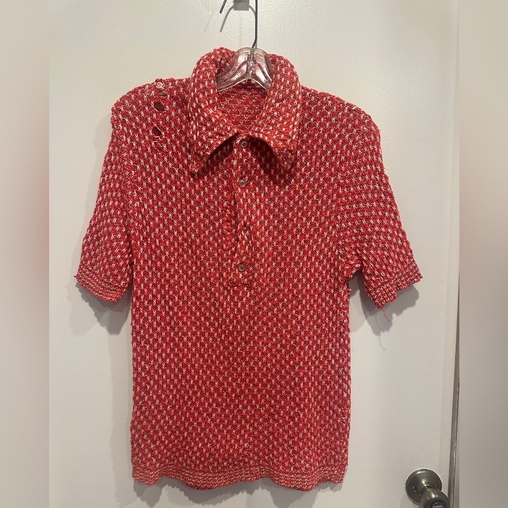 Vintage Orange/Red Patterned Crochet Polo Shirt